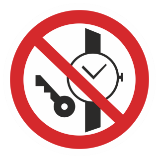 Знак на пластике светоотражающий P-27 «Запрещается иметь при (на) себе металлические предметы (часы и т.п.)» 
