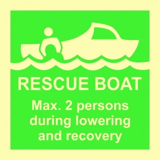 Знак фотолюминесцентный ИМО 01.008 «Дежурная шлюпка. Максимум 2 человека во время спуска и подъёма»