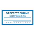 Знак на пластике «Ответственный за соблюдение правил ТБ (техники безопасности)» 