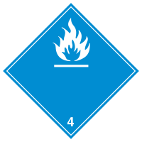 Знак на металле 4.3 «Вещества, выделяющие легковоспламеняющиеся газы при соприкосновении с водой» (белые буквы)  